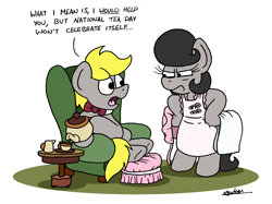Size: 2340x1750 | Tagged: safe, artist:bobthedalek, derpibooru import, oc, oc only, oc:mixed melody, oc:octavia's father, oc:octavia's mother, oc:ostinato melody, earth pony, pony, apron, bonnet, chair, clothes, female, husband and wife, male, married couple, safety pin, simple background, teapot, this will end in a night on the couch, this will end in pain, this will not end well, unamused, white background