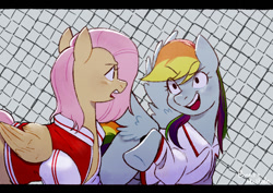 Size: 1080x766 | Tagged: safe, artist:bertymchale, derpibooru import, fluttershy, rainbow dash, pegasus, pony, duo, fence, folded wings, jacket, looking at each other, looking at someone, spread wings, varsity jacket, wings