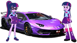 Size: 1520x855 | Tagged: safe, artist:twilirity, derpibooru import, sci-twi, twilight sparkle, twilight sparkle (alicorn), alicorn, equestria girls 10th anniversary, better together, equestria girls, car, clothes, female, geode of telekinesis, glasses, lamborghini, lamborghini aventador, magical geodes, paradox, pose, purple, self paradox, shoes, simple background, skirt, socks, sports car, transparent background, twolight