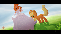 Size: 3840x2160 | Tagged: safe, artist:fairloke, derpibooru import, applejack, human, pony, applejack's hat, biting, cinderella, clothes, cowboy hat, crossover, cute, disney, disney princess, dress, gown, grass, grass field, hairband, hat, jackabetes, loose hair, playing, pulling, skirt, skirt pull, tug of war