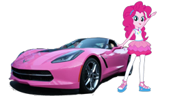 Size: 1520x855 | Tagged: safe, artist:twilirity, derpibooru import, pinkie pie, equestria girls 10th anniversary, better together, equestria girls, car, chevrolet corvette, clothes, corvette, female, geode of sugar bombs, magical geodes, pink, pose, simple background, solo, sports car, transparent background