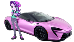Size: 1520x855 | Tagged: safe, artist:rodan00, derpibooru import, starlight glimmer, equestria girls, mirror magic, spoiler:eqg specials, beanie, boots, car, clothes, crossed arms, jacket, lavender, mclaren, pants, purple, ripped pants, shoes, simple background, solo, sports car, torn clothes, transparent background, watch, wristwatch