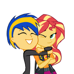 Size: 1280x1284 | Tagged: safe, artist:mlpfan3991, derpibooru import, sunset shimmer, oc, oc:flare spark, equestria girls, arms around neck, canon x oc, clothes, crossed arms, eyes closed, female, flareset, hug, jacket, lesbian, one eye closed, shipping, simple background, smiling, transparent background, wink