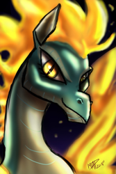 Size: 853x1280 | Tagged: safe, artist:mtapartstuff, derpibooru import, tianhuo, dragon, hybrid, longma, them's fightin' herds, bust, community related, fiery wings, looking at you, mane of fire, solo, wings