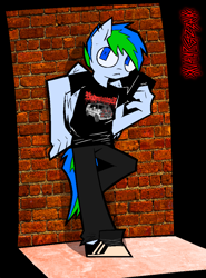 Size: 1650x2232 | Tagged: safe, artist:xxv4mp_g4z3rxx, derpibooru import, oc, oc only, anthro, pegasus, pony, anthro oc, bipedal, blue eyes, clothes, denim, ear piercing, folded wings, jeans, pants, phone, piercing, shirt, shoes, solo, t-shirt, tail, two toned mane, two toned tail, wings