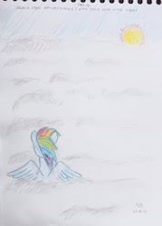 Size: 2832x3958 | Tagged: safe, artist:adamv20, derpibooru import, rainbow dash, pegasus, atg 2023, cloud, female, mare, newbie artist training grounds, solo, sun, traditional art