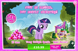 Size: 1961x1298 | Tagged: safe, derpibooru import, twilight sparkle, unicorn twilight, pony, unicorn, advertisement, banner, book, bush, costs real money, english, female, filly, filly twilight sparkle, foal, gameloft, gem, horn, mare, mobile game, my little pony: magic princess, numbers, sale, solo, text, younger