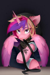 Size: 1500x2220 | Tagged: safe, artist:zlatavector, derpibooru import, princess cadance, queen chrysalis, alicorn, changeling, changeling queen, pony, equestria girls, mirror magic, spoiler:eqg specials, clothes, crossover, dishonored, emily kaldwin, fangs, female, looking at you, mare, mark, mark of the outsider, mirror, queen, solo, spread wings, stressed, tying, wings