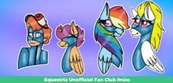 Size: 1024x490 | Tagged: safe, danny williams, rainbow dash, scootaloo, surprise, human, pegasus, friendship is magic, g1, g4, my little pony 'n friends, child, children, clothes, costume, cute, female, filly, foal, hat, little boy, male, mare, tight clothing, uniform, wonderbolts, wonderbolts uniform