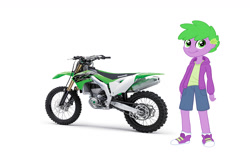 Size: 1400x900 | Tagged: safe, artist:thecheeseburger, derpibooru import, spike, human, equestria girls 10th anniversary, better together, equestria girls, clothes, converse, green, hoodie, human spike, humanized, kawasaki, motorcross, motorcycle, shoes, shorts, simple background, solo, white background