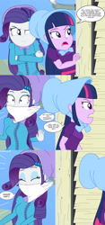 Size: 1920x4115 | Tagged: safe, artist:robukun, derpibooru import, rarity, twilight sparkle, equestria girls, 19th century, bonnet, cloth gag, comic, gag, hand, kidnapped, muffled words, speech bubble, startled, surprised, western, wtf, wtf face