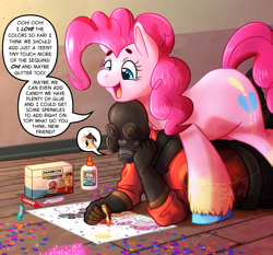 Size: 4500x4185 | Tagged: safe, artist:lycantrin, derpibooru import, pinkie pie, earth pony, human, absurd resolution, colored hooves, crayon, crayon drawing, crossover, cute, drawing, duo, female, glitter, glue, humanoid, indoors, male, mare, meme, off model, pictogram, pinkie pyro, pyro, saxton hale, sequins, sparkles, speech bubble, team fortress 2, traditional art, unshorn fetlocks, wholesome