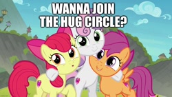 Size: 1280x720 | Tagged: safe, derpibooru import, edit, edited screencap, screencap, apple bloom, scootaloo, sweetie belle, earth pony, pegasus, pony, unicorn, surf and/or turf, adorabloom, bipedal, caption, cute, cutealoo, cutie mark crusaders, cutie mark cuties, diasweetes, female, filly, foal, hug, image macro, looking at you, open mouth, smiling, talking to viewer, text, trio, trio female