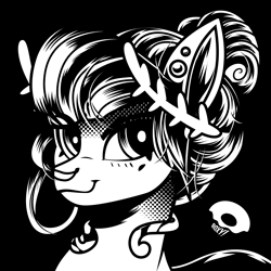 Size: 2100x2100 | Tagged: safe, artist:poxy_boxy, derpibooru import, oc, oc only, oc:void, pegasus, pony, black and white, black background, bust, ear piercing, earring, female, grayscale, high res, jewelry, laurel, mare, monochrome, nose piercing, nose ring, piercing, signature, simple background, smiling, solo