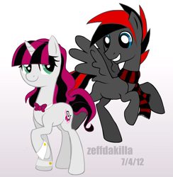 Size: 2245x2296 | Tagged: safe, artist:zeffdakilla, derpibooru import, oc, oc only, oc:crimson ink, oc:raspberry serenade, pegasus, pony, unicorn, bowtie, clothes, flying, gradient background, looking at each other, looking at someone, raised hoof, raised leg, scarf, smiling, spread wings, standing, striped scarf, unnamed oc, wings