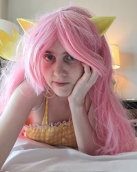 Size: 1629x2048 | Tagged: safe, artist:darknightprincess, artist:magicalmysticva, derpibooru import, fluttershy, human, babscon, babscon 2023, clothes, cosplay, costume, cute, female, hotel room, irl, irl human, photo, photography, selfie, solo