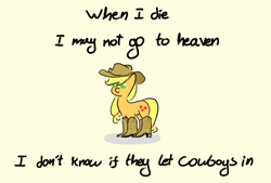 Size: 2000x1350 | Tagged: safe, artist:manicpanda, derpibooru import, applejack, earth pony, pony, applejack's hat, boots, clothes, cowboy boots, cowboy hat, female, hat, mare, shoes, simple background, solo, song reference, tanya tucker, texas (when i die), text, yellow background