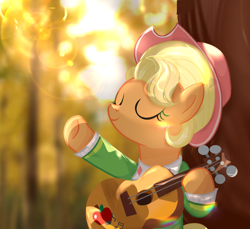 Size: 1265x1160 | Tagged: safe, artist:corpse, derpibooru import, applejack, earth pony, apple chord, base, base used, cute, dappled sunlight, female, guitar, jackabetes, musical instrument