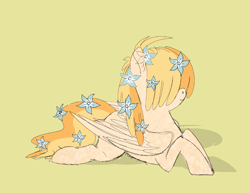 Size: 3300x2550 | Tagged: safe, artist:mizziazz, derpibooru import, oc, oc only, oc:flower bed, pegasus, pony, flower, flower in hair, hair over eyes, lying down, offspring, parent:big macintosh, parent:prim posy, prone, simple background, smiling, yellow background