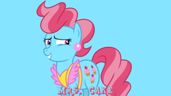 Size: 1920x1080 | Tagged: safe, artist:jeatz-axl, derpibooru import, edit, editor:jaredking779, cup cake, earth pony, pony, apron, blue background, clothes, ear piercing, earring, female, jewelry, mare, piercing, simple background, solo