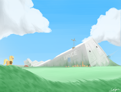 Size: 3800x2900 | Tagged: safe, artist:cdrspark, derpibooru import, oc, oc only, earth pony, blue sky, cloud, female, grass, grass field, lineless, ruins, scenery, solo, u.d.c.e., village, wreckage