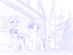 Size: 1024x768 | Tagged: safe, artist:novaintellus, derpibooru import, princess cadance, twilight sparkle, unicorn twilight, alicorn, pony, unicorn, atg 2023, blank flank, castle, eyes closed, female, filly, filly twilight sparkle, foal, monochrome, mouth hold, newbie artist training grounds, raised hoof, raised leg, sketch, smiling, teen princess cadance, tree, trio, younger