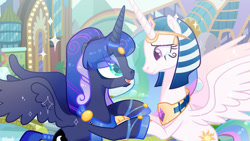 Size: 1280x720 | Tagged: safe, artist:fourteennails, derpibooru import, idw, princess celestia, princess luna, alicorn, pony, reflections, artemis luna, base used, deviantart watermark, duo, female, looking at each other, looking at someone, mare, mirror universe, obtrusive watermark, open mouth, open smile, ra celestia, royal sisters, siblings, sisters, smiling, teary eyes, watermark