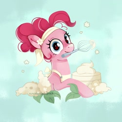 Size: 2048x2048 | Tagged: safe, artist:anotherdeadrat, derpibooru import, pinkie pie, earth pony, pony, apron, cake, clothes, food, headband, mouth hold, smiling, solo, wisk