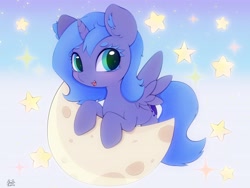 Size: 4000x3000 | Tagged: safe, artist:zokkili, derpibooru import, princess luna, alicorn, pony, beanbrows, cute, eyebrows, female, filly, foal, high res, horn, looking at you, lunabetes, moon, open mouth, open smile, signature, smiling, smiling at you, solo, sparkles, spread wings, stars, wings, woona, younger