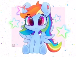 Size: 4000x3000 | Tagged: safe, artist:zokkili, derpibooru import, rainbow dash, pegasus, pony, beanbrows, cute, dashabetes, eye clipping through hair, eyebrows, eyebrows visible through hair, female, frog (hoof), high res, looking at you, signature, sitting, smiling, smiling at you, solo, spread wings, stars, underhoof, wings