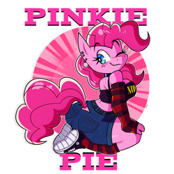 Size: 5000x5000 | Tagged: safe, artist:tysobro, derpibooru import, pinkie pie, anthro, earth pony, anthrofied, arm warmers, big breasts, big tail, blue eyes, breasts, butt, clothes, denim, denim shorts, ear piercing, earring, female, hand on leg, hand on thigh, jewelry, kneeling, long hair, looking at you, looking back, nirvana, one eye closed, piercing, pink body, pink hair, pink tail, pinkie pies, punk, punkie pie, rear view, shoes, short shirt, shorts, simple background, smiling, socks, solo, tail, text, wink