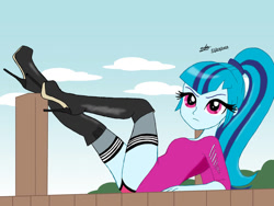 Size: 1032x774 | Tagged: safe, artist:gibsterboy5, derpibooru import, sonata dusk, human, equestria girls, boots, clothes, high heel boots, looking at someone, outdoors, panties, shoes, sky, socks, solo, thigh boots, thigh highs, underwear, wooden floor