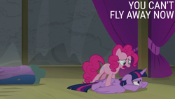 Size: 2000x1125 | Tagged: safe, derpibooru import, edit, edited screencap, editor:quoterific, screencap, pinkie pie, twilight sparkle, twilight sparkle (alicorn), alicorn, earth pony, pony, horse play, female, frown, looking down, lying down, mare, open mouth, prone, sploot, spread wings, subtitles, unamused, wings