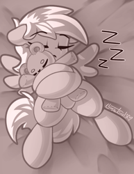 Size: 716x928 | Tagged: safe, artist:llametsul, derpibooru import, derpy hooves, pegasus, pony, atg 2023, cute, monochrome, newbie artist training grounds, onomatopoeia, plushie, signature, sleeping, solo, sound effects, teddy bear, zzz