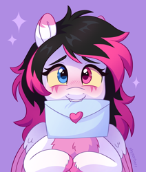 Size: 2508x2960 | Tagged: safe, artist:skysorbett, derpibooru import, oc, oc only, oc:lunylin, pegasus, pony, blushing, bust, cute, facial markings, female, heterochromia, letter, looking at you, love letter, mare, purple background, simple background, solo, sparkles, two toned coat, two toned mane, worried