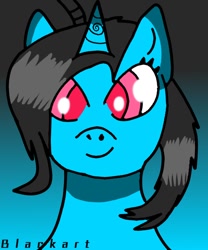 Size: 500x600 | Tagged: safe, artist:blacksun nuller, derpibooru import, oc, oc:flower black, pony, unicorn, disguise, disguised changedling, disguised changeling, front view, gradient background, happy, looking at you, solo