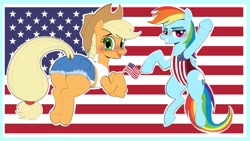 Size: 2047x1151 | Tagged: safe, artist:_ton618_, derpibooru import, applejack, rainbow dash, pegasus, pony, 4th of july, applebutt, blushing, butt, clothes, female, flag, holiday, mare, one-piece swimsuit, plot, shorts, swimsuit, united states