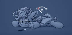 Size: 1100x540 | Tagged: safe, artist:zeepheru_pone, derpibooru import, oc, pegasus, pony, shark, atg 2023, blåhaj, ear fluff, ears, frog (hoof), glasses, gradient background, male, newbie artist training grounds, plushie, shark plushie, solo, stallion, stylus, tired, underhoof