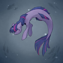 Size: 1280x1284 | Tagged: safe, artist:bertymchale, derpibooru import, twilight sparkle, fish, pony, seapony (g4), unicorn, alternate versions at source, bubble, digital art, dorsal fin, female, fin, fins, fish tail, flowing mane, flowing tail, horn, mare, ocean, purple eyes, seaponified, seapony twilight, signature, solo, species swap, swimming, tail, underwater, water