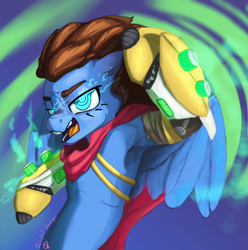 Size: 4294x4320 | Tagged: safe, artist:zlatdesign, derpibooru import, oc, oc:bizarre song, pegasus, amputee, blue fire, cape, clothes, cool, fight, fire, flame eyes, prosthetics, solo, weapon, wingding eyes