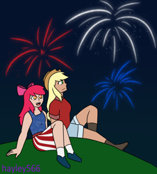Size: 2362x2615 | Tagged: safe, artist:hayley566, derpibooru import, apple bloom, applejack, human, 4th of july, adorabloom, apple bloom's bow, apple sisters, applejack's hat, boots, bow, clothes, commission, cowboy boots, cowboy hat, cute, duo, female, fireworks, freckles, grass, hair bow, hat, hill, holiday, humanized, jackabetes, night, open mouth, shirt, shoes, shorts, siblings, sisters, sitting, skirt, socks, tanktop