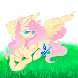 Size: 2000x2000 | Tagged: safe, artist:dankpegasista, derpibooru exclusive, derpibooru import, fluttershy, butterfly, pegasus, pony, blue eyes, colored lineart, colored pupils, cute, digital art, eyebrows, eyelashes, female, grass, heart, heart eyes, highlights, krita, large wings, long eyelashes, long mane, long tail, lying down, mare, open mouth, prone, shyabetes, simple background, smiling, soft shading, solo, tail, teeth, transparent background, wingding eyes, wings, wip