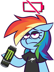 Size: 3366x4527 | Tagged: safe, artist:threetwotwo32232, derpibooru import, rainbow dash, pegasus, pony, clothes, drink, energy drink, female, low battery, mare, monster energy, shirt, simple background, solo, t-shirt, tired, transparent background