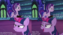 Size: 2000x1125 | Tagged: safe, derpibooru import, edit, edited screencap, editor:quoterific, screencap, starlight glimmer, twilight sparkle, twilight sparkle (alicorn), alicorn, every little thing she does, library, twilight's castle, twilight's castle library