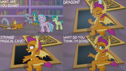 Size: 2000x1125 | Tagged: safe, derpibooru import, edit, edited screencap, editor:quoterific, screencap, gallus, ocellus, sandbar, silverstream, smolder, what lies beneath, bookshelf, school of friendship