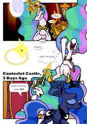 Size: 1446x2039 | Tagged: safe, artist:pony4koma, derpibooru import, princess celestia, princess luna, alicorn, pony, comic:paidvacationdays, canterlot, canterlot castle, comic, comic page, cracking knuckles, crown, cute, cutelestia, cutie mark, day, dialogue, female, flank, flowing mane, flowing tail, frown, happy, impact, jewelry, lunabetes, magic, makeup, mare, moon, night, punch, regalia, smiling, speech bubble, sun, sunrise, tail, throne, throne room, tierd