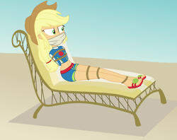 Size: 2000x1584 | Tagged: safe, artist:splendidbondage, derpibooru import, edit, editor:quoterific, applejack, human, equestria girls, beach, bondage, bound and gagged, cloth gag, clothes, gag, rope, rope bondage, solo, swimsuit