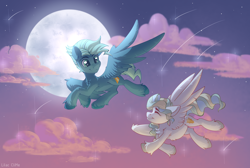 Size: 4464x3000 | Tagged: safe, artist:lilclim, derpibooru import, sky stinger, vapor trail, pegasus, pony, top bolt, chest fluff, cloud, cute, eyes closed, eyes open, female, fluffy, flying, full background, full body, full moon, male, moon, night, night sky, romantic, shipping, shooting star, sky, sky background, sparkles, stars, straight, vaporsky