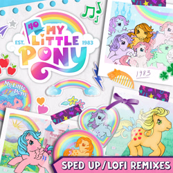 Size: 3000x3000 | Tagged: safe, derpibooru import, applejack (g1), blossom, blue belle, butterscotch (g1), cotton candy (g1), firefly, minty (g1), snuzzle, earth pony, pegasus, pony, g1, 40th anniversary, album cover, cloud, dream castle, dream valley, female, flower, lofi, mare, my little pony logo, official, paper, photo, rainbow, sun, text