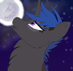 Size: 2048x1974 | Tagged: safe, artist:candy breeze, derpibooru import, oc, oc only, oc:galaxylatte, pony, unicorn, eyes open, fangs, female, horn, mare, moon, open mouth, piercing, simple background
